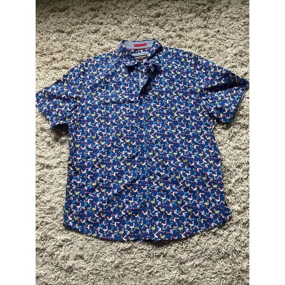 Johnston & Murphy Hawaiian Aloha L Shirt Flamingos Red White Blue Buttons - Picture 2 of 11